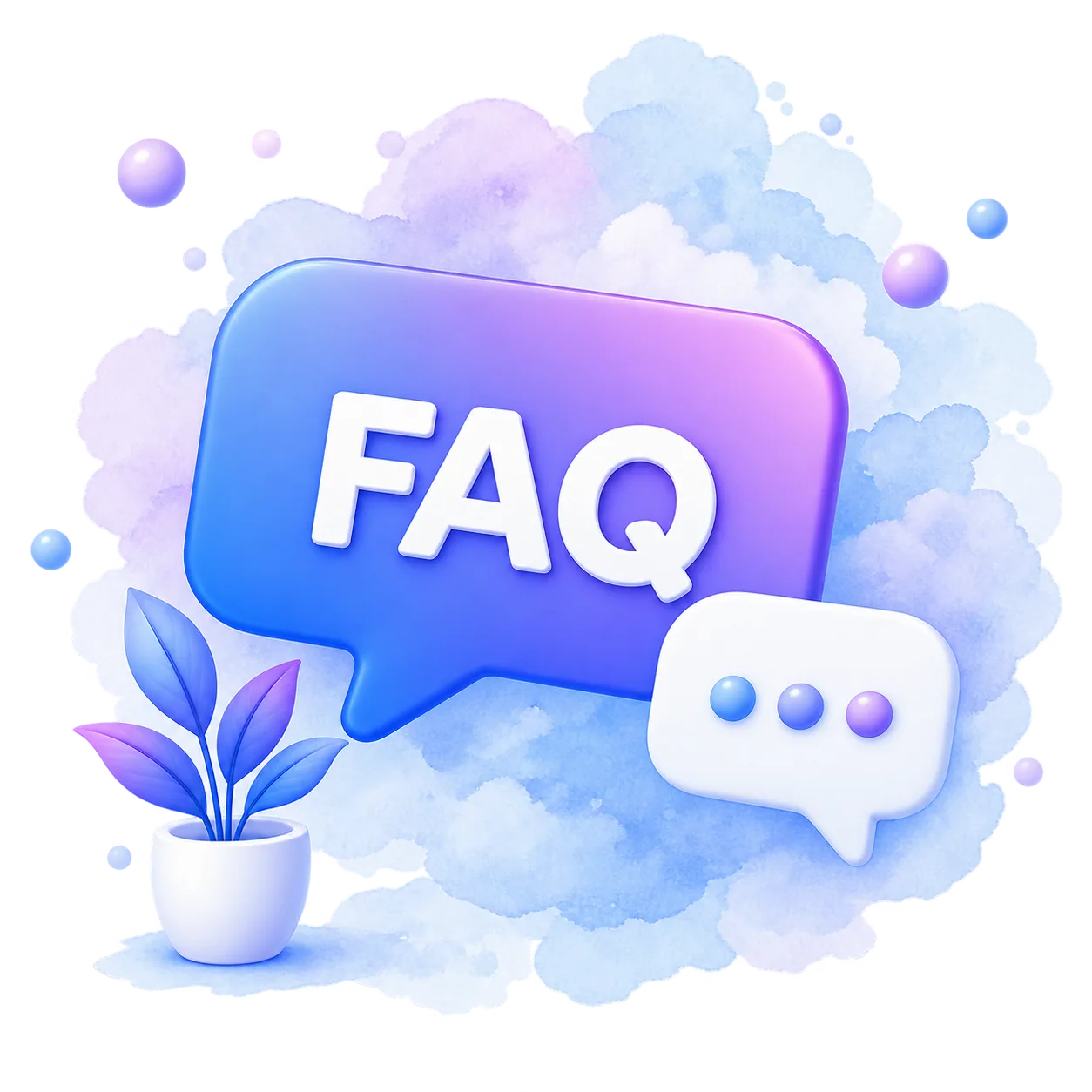 FAQ speech bubbles and watercolor illustration